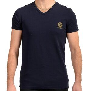 Versace Men's Blue Gold Medusa Print V-Neck T-Shirt Versace sz 4 US S IT 48